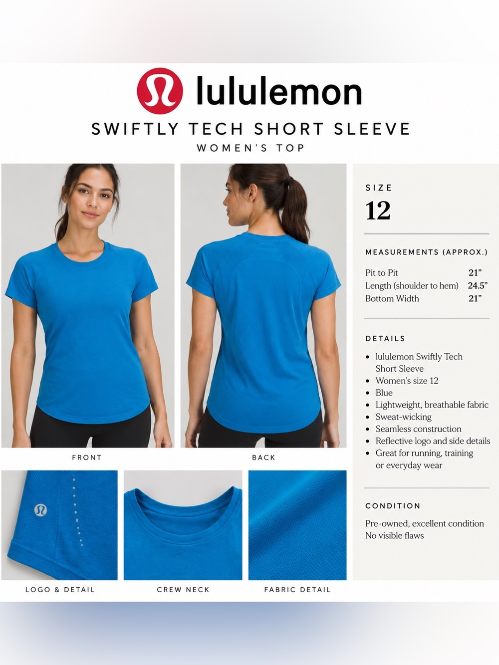 lululemon Swiftly Tech Short Sleeve Blue Top – Size 12